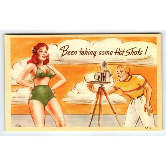 Vintage Linen Comic Postcard 'Been Taking Some Hot Shots!' 1950s - Picture 1 of 2